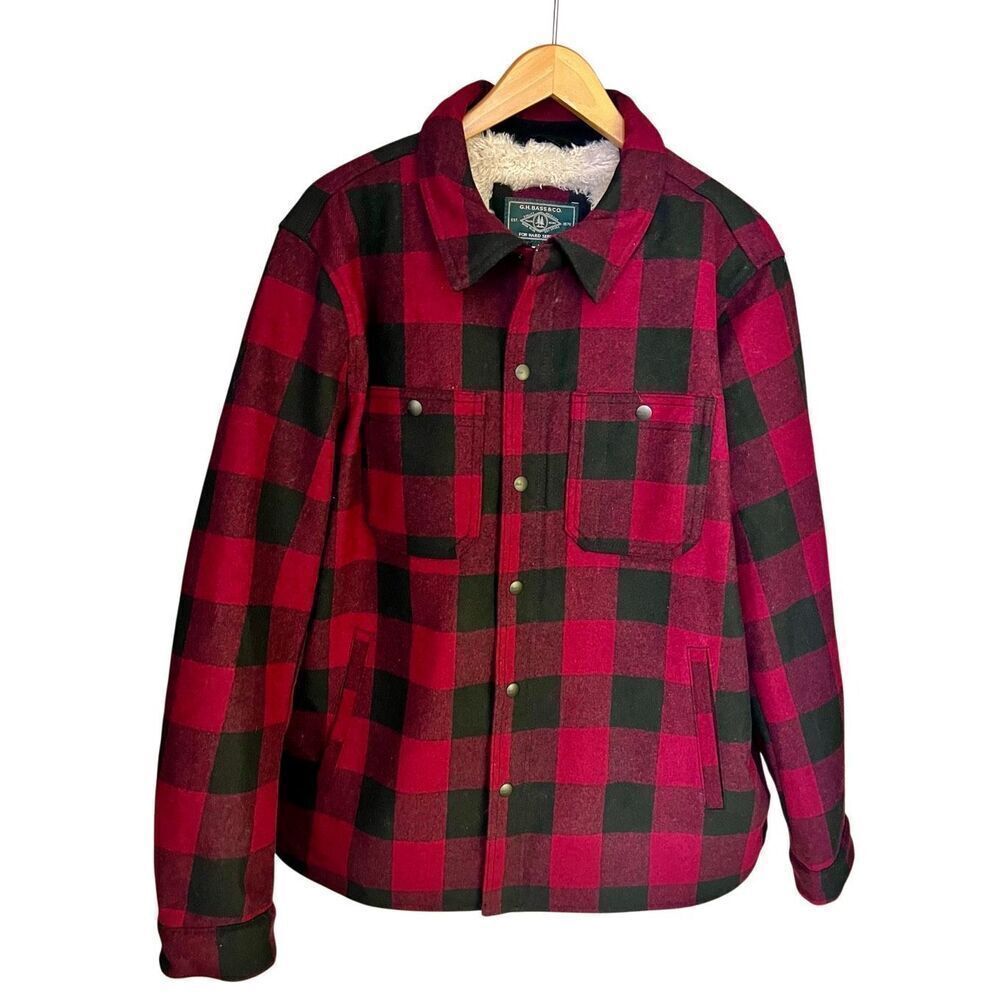 GH Bass & Co Wool Blended Lined Jacket Red Black Buffalo Plaid Size Large